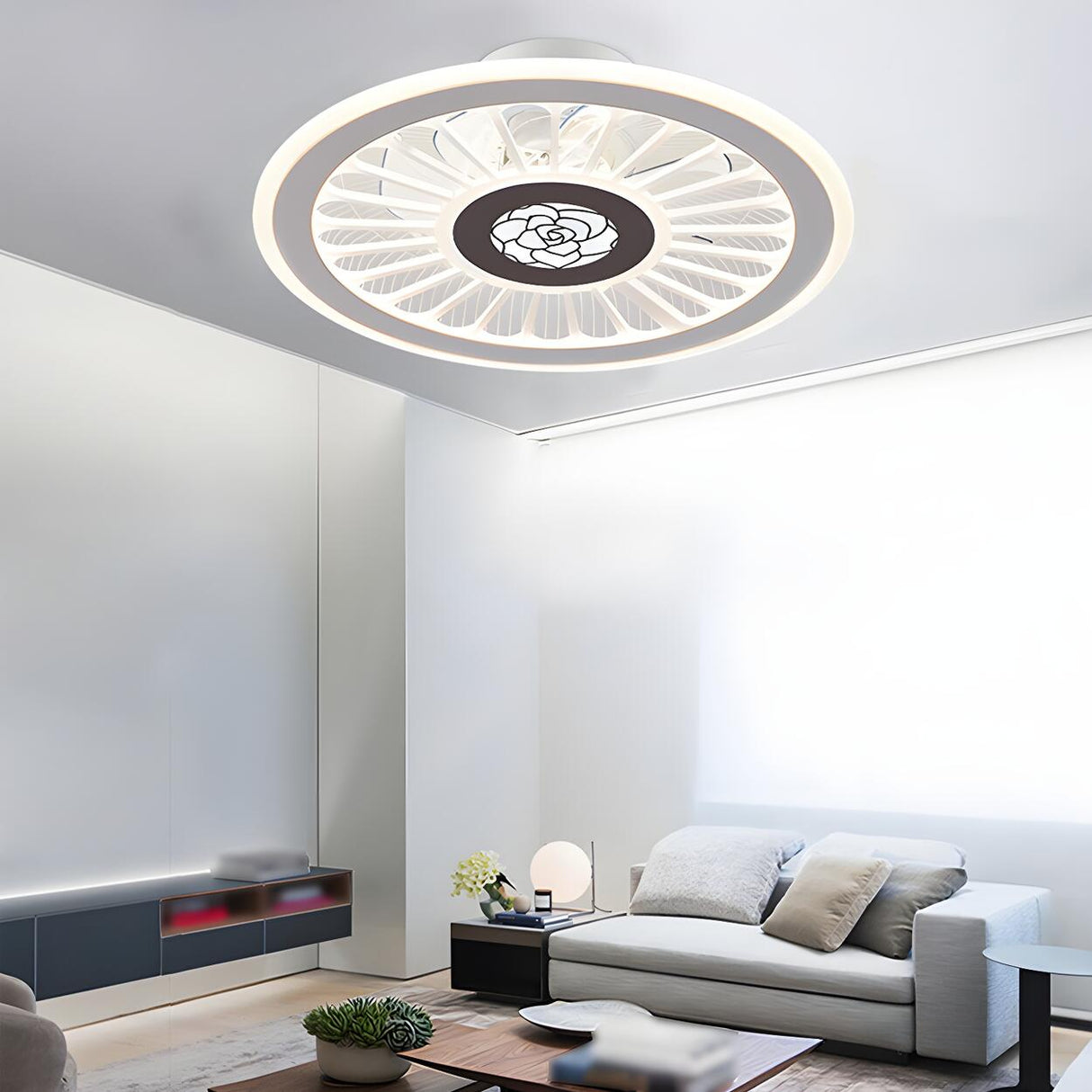 Bedroom Stylish White Round Ceiling Fan with LED Light Image - 23