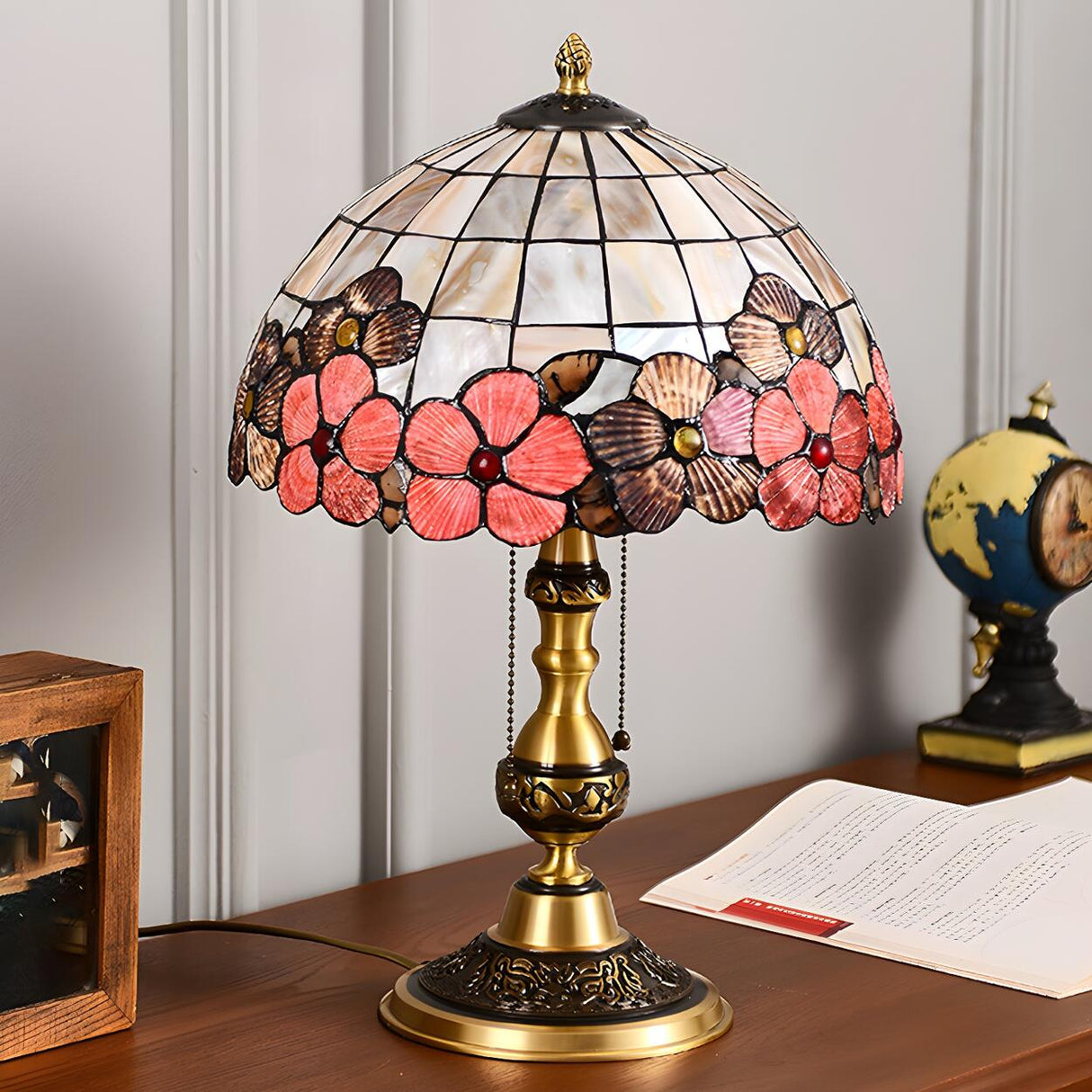 Bedroom Tiffany Floral Antique Brass Base Table Lamp Image - 11