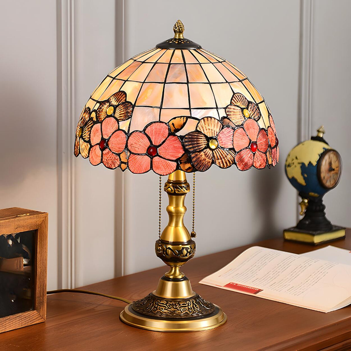 Bedroom Tiffany Floral Antique Brass Base Table Lamp Image - 2