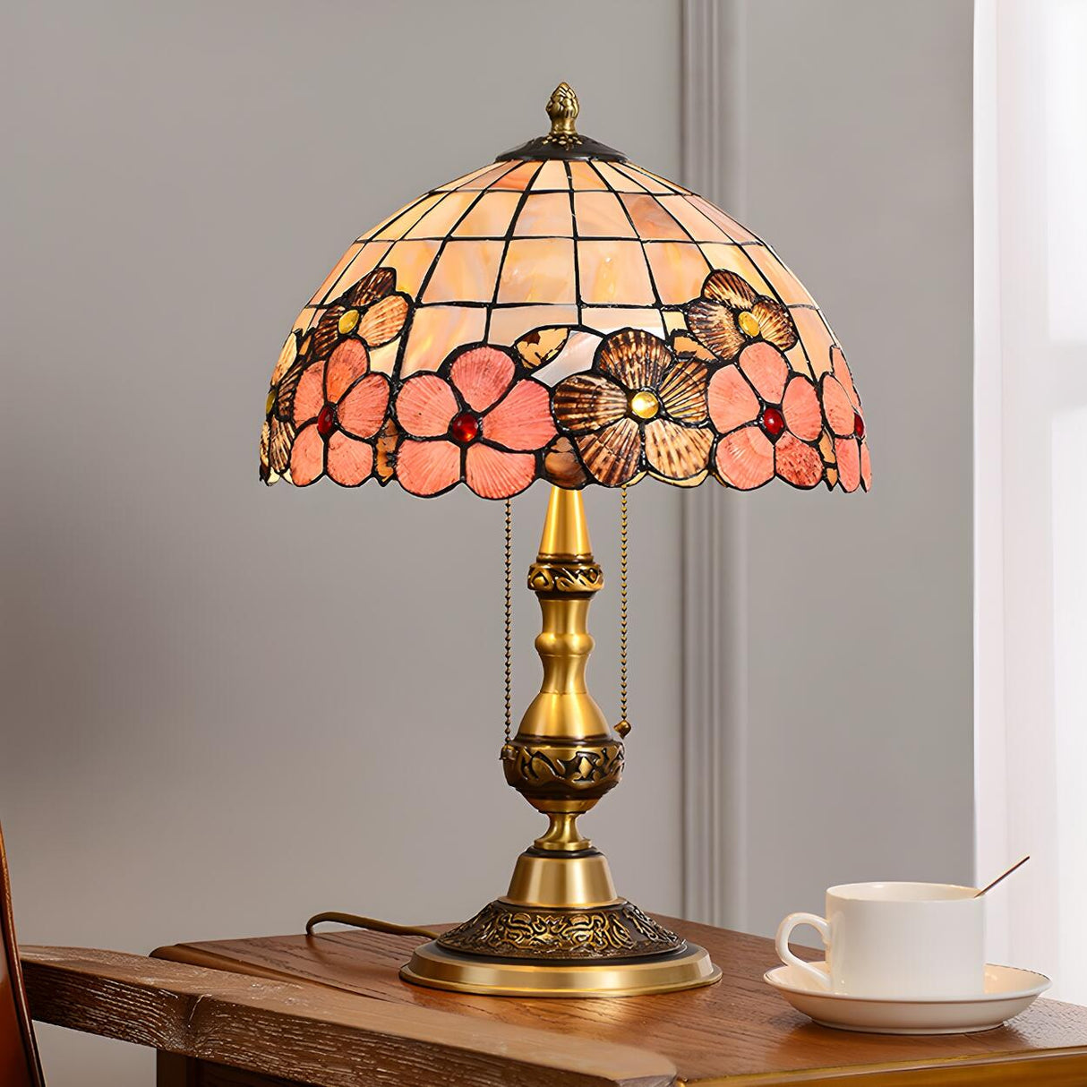 Bedroom Tiffany Floral Antique Brass Base Table Lamp Image - 3