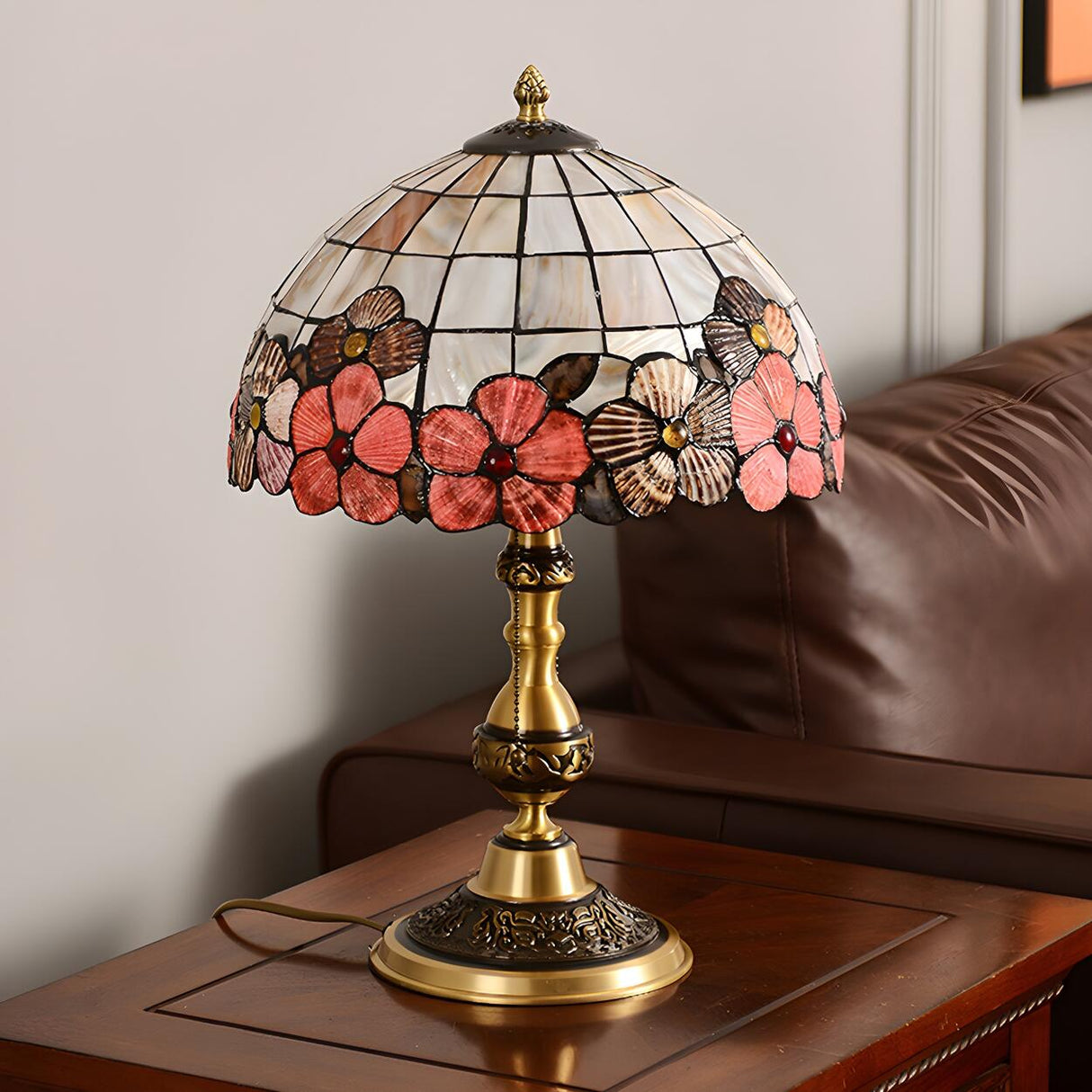 Bedroom Tiffany Floral Antique Brass Base Table Lamp Image - 4