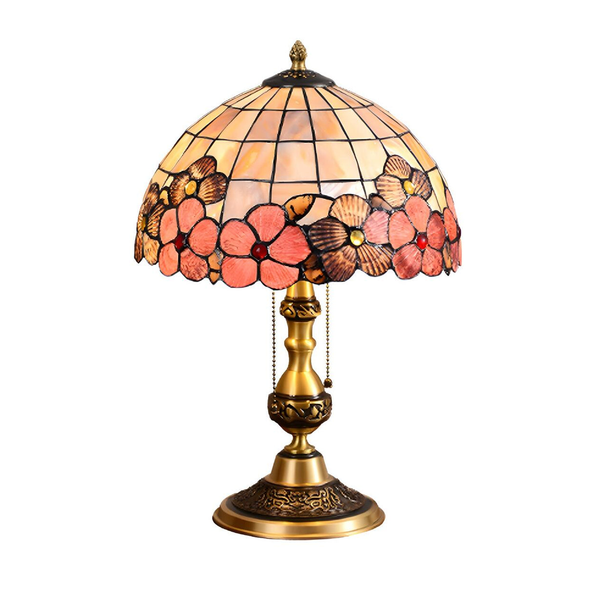 Bedroom Tiffany Floral Antique Brass Base Table Lamp Image - 6