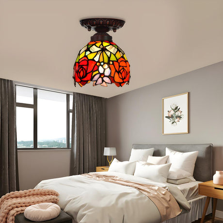 Bedroom Tiffany Floral Stained Glass Flush Mount Light Image - 1