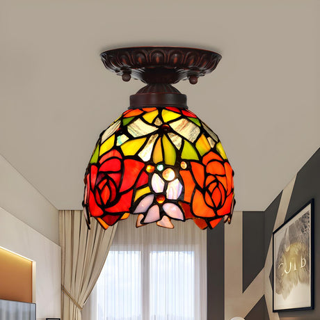 Bedroom Tiffany Floral Stained Glass Flush Mount Light Image - 2