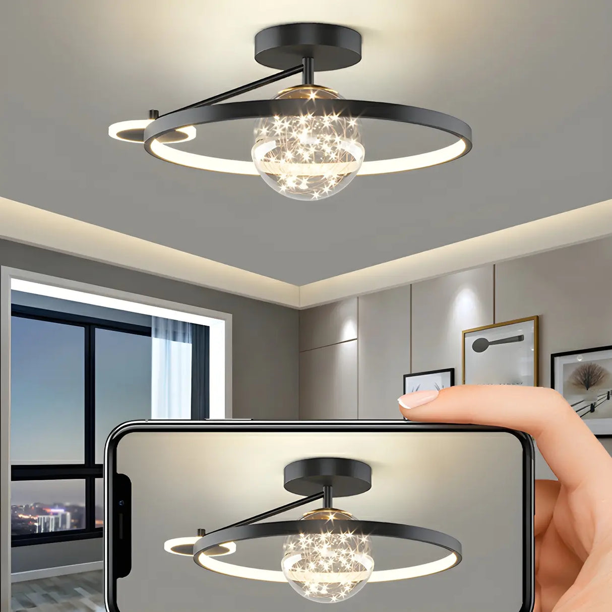 Bedroom Trendy Black Ring Semi-Flush Mount Ceiling Lamp Image - 15