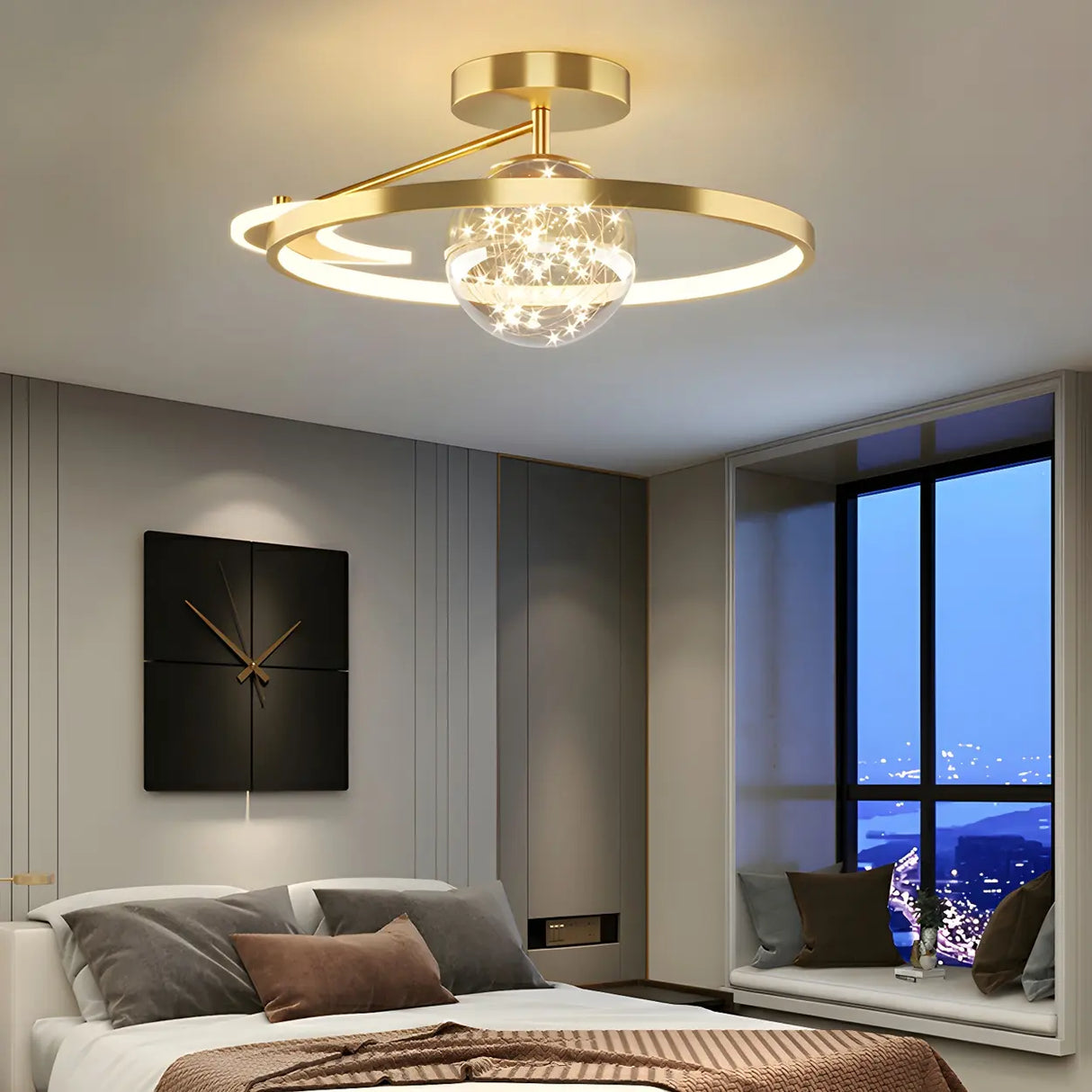 Bedroom Trendy Black Ring Semi-Flush Mount Ceiling Lamp Image - 16