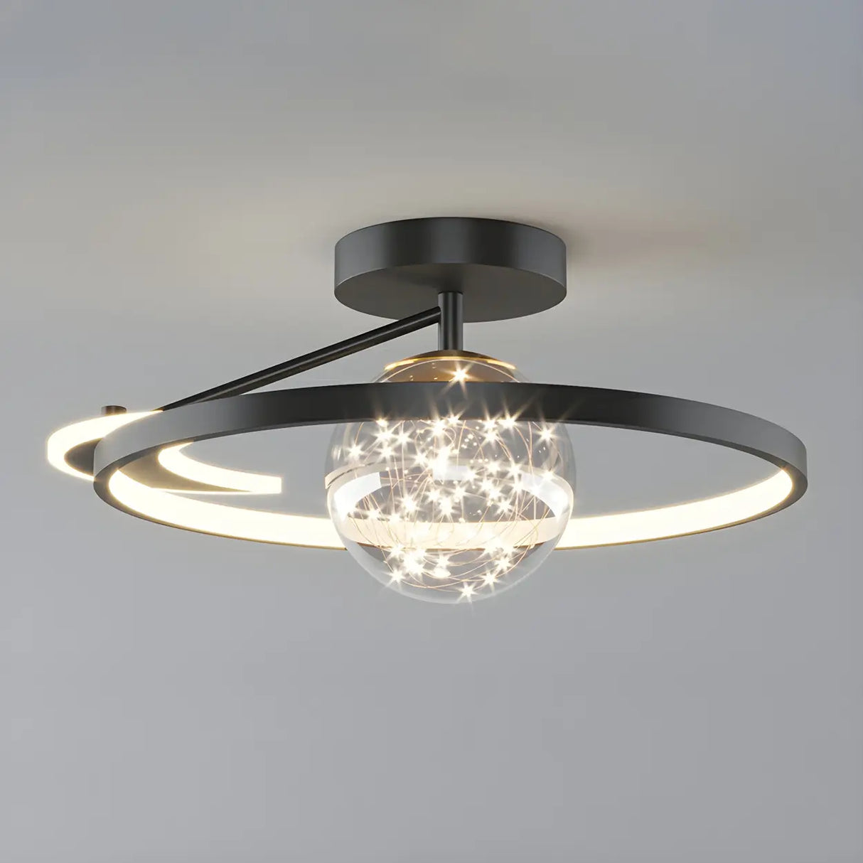 Bedroom Trendy Black Ring Semi-Flush Mount Ceiling Lamp Image - 2