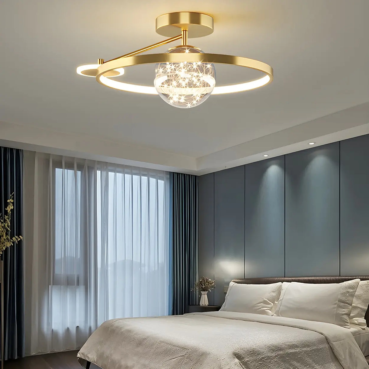 Bedroom Trendy Black Ring Semi-Flush Mount Ceiling Lamp Image - 3