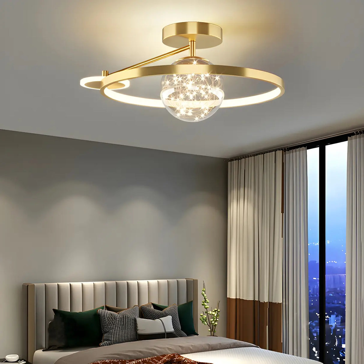 Bedroom Trendy Black Ring Semi-Flush Mount Ceiling Lamp Image - 6