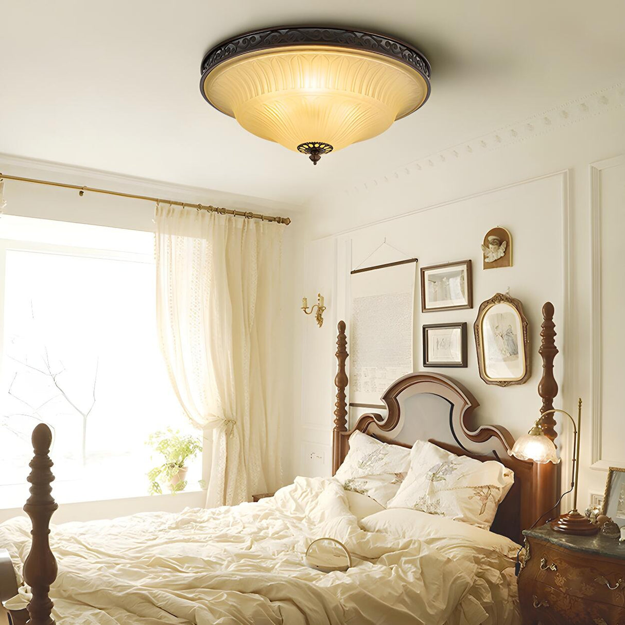 Bedroom Vintage Brown Bowl-Shaped Flush Mount Light Image - 1