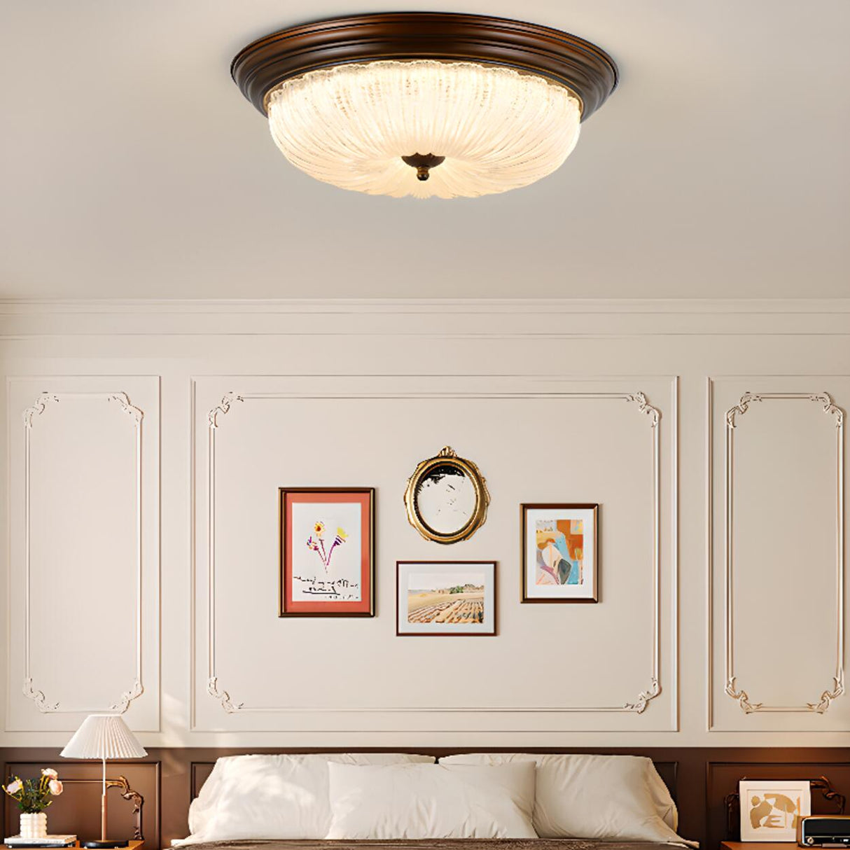 Bedroom Vintage Brown Drum LED Flush Mount Ceiling Lamp Image - 1