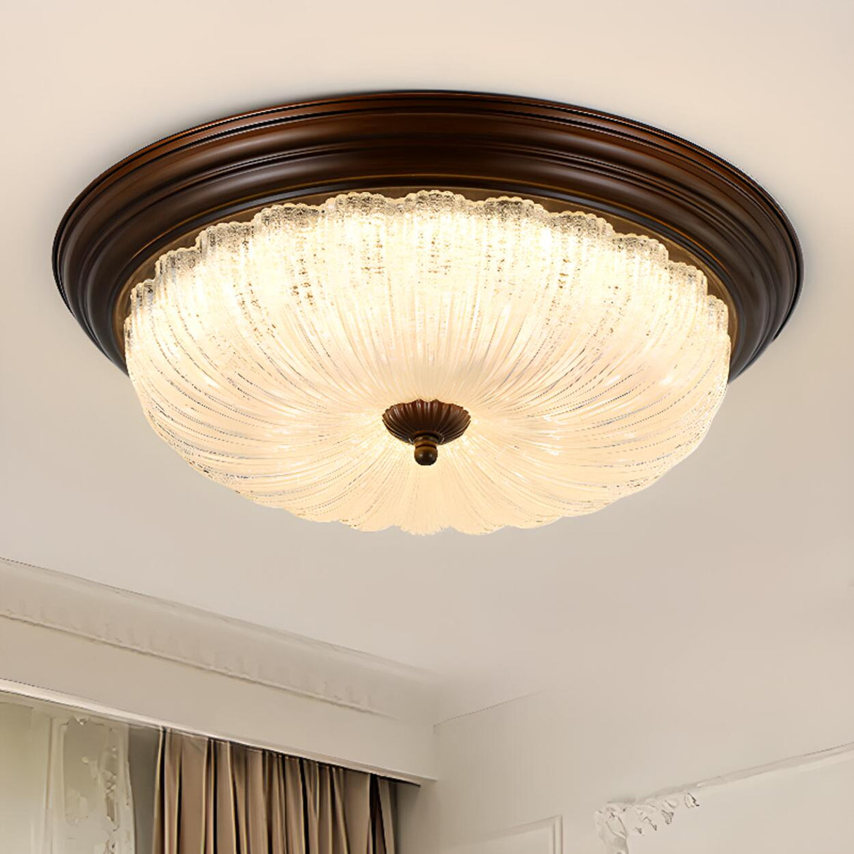 Bedroom Vintage Brown Drum LED Flush Mount Ceiling Lamp Image - 14