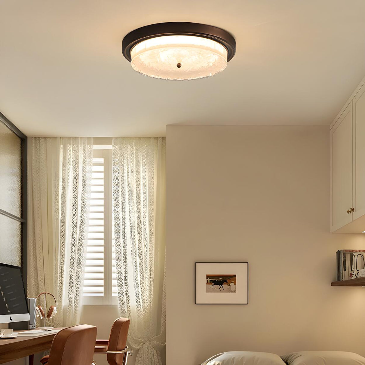 Bedroom Vintage Brown Round Glass Flush Mount Light Image - 6