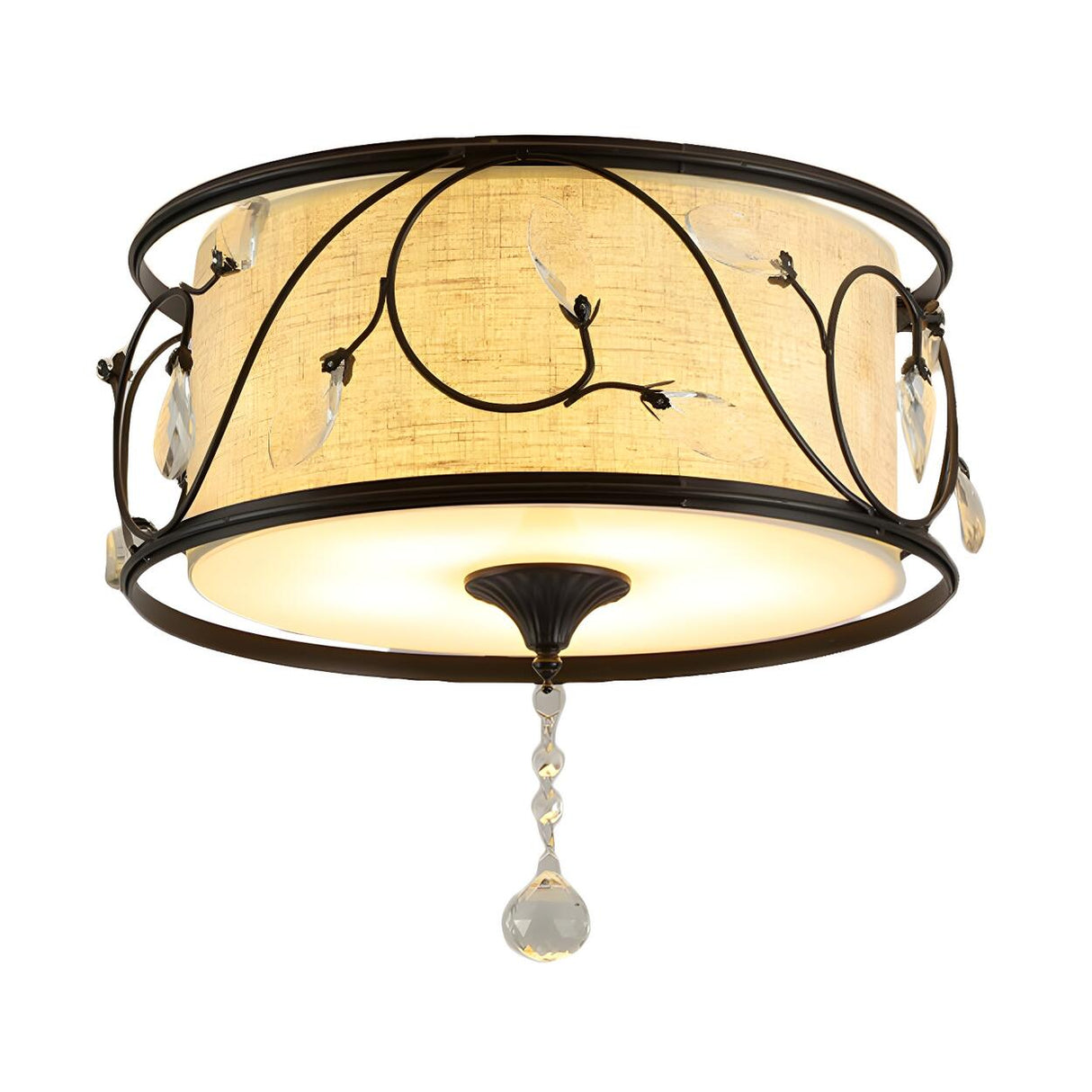 Bedroom Vintage Gold Fabric Drum Flush Mount Light Image - 11