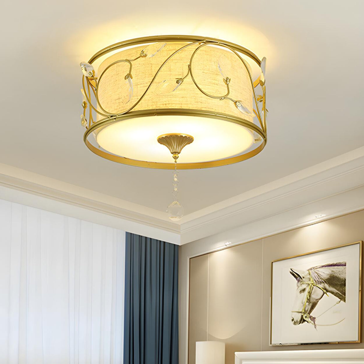 Bedroom Vintage Gold Fabric Drum Flush Mount Light Image - 2