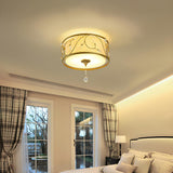 Bedroom Vintage Gold Fabric Drum Flush Mount Light Image - 3