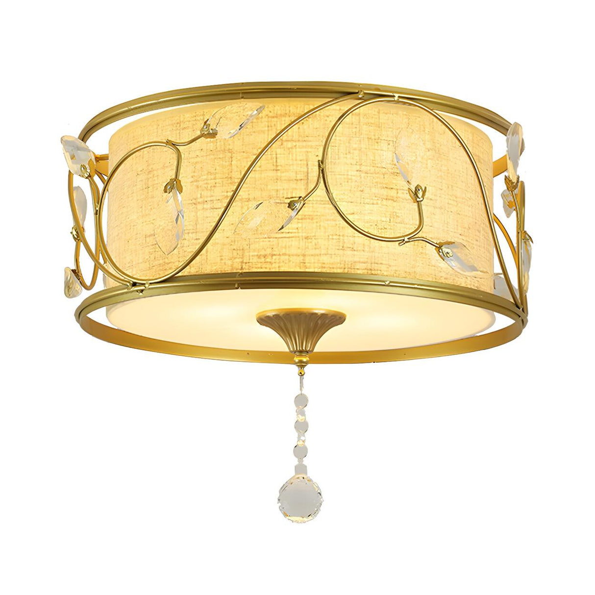 Bedroom Vintage Gold Fabric Drum Flush Mount Light Image - 4