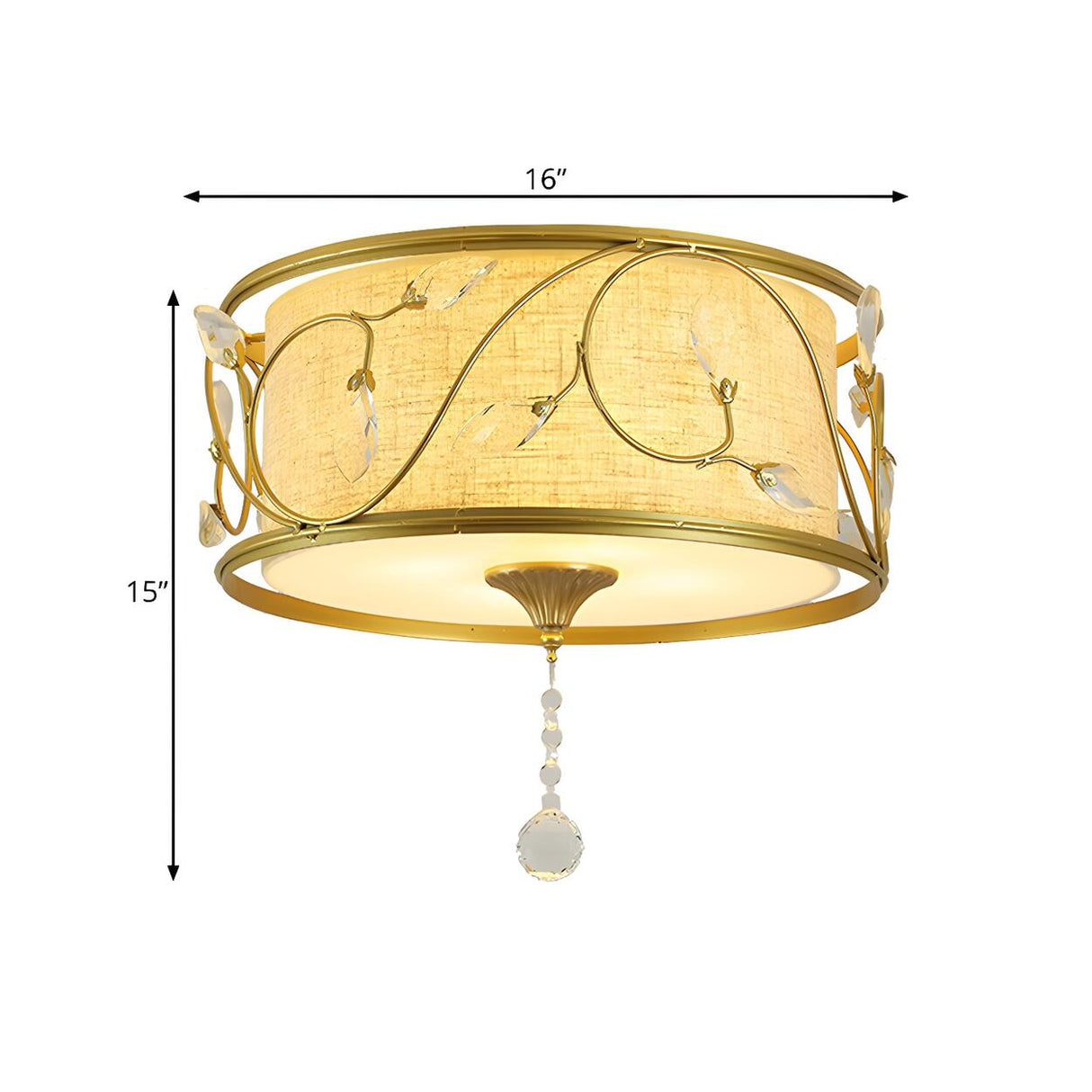 Bedroom Vintage Gold Fabric Drum Flush Mount Light Image - 5