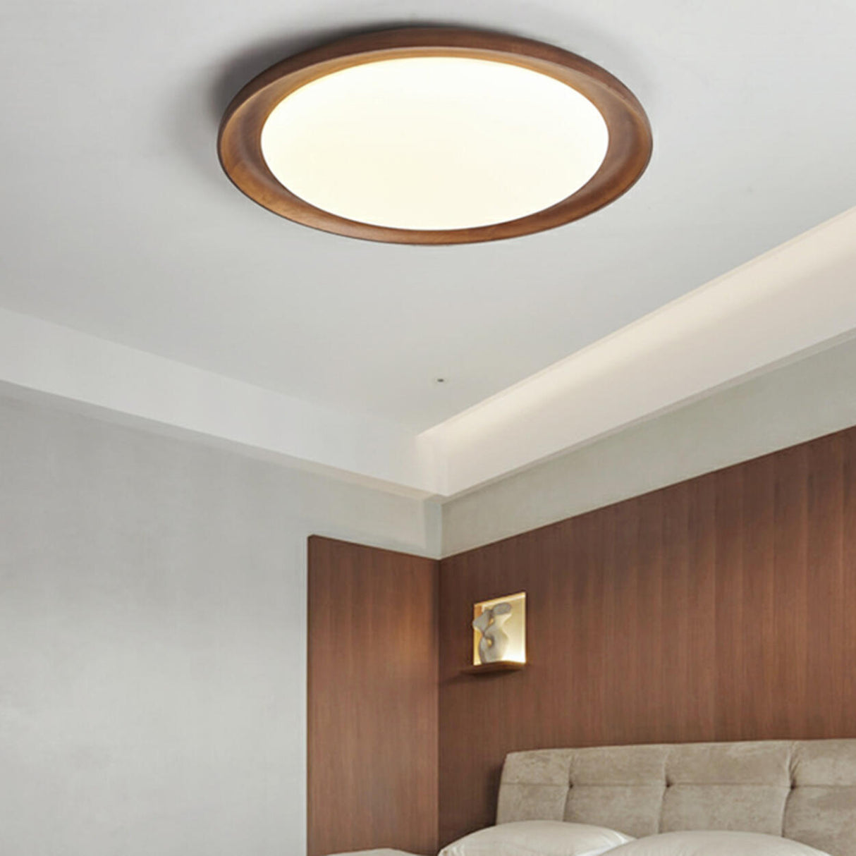 Bedroom Walnut Wood Circular Flush Mount Ceiling Light Image - 1