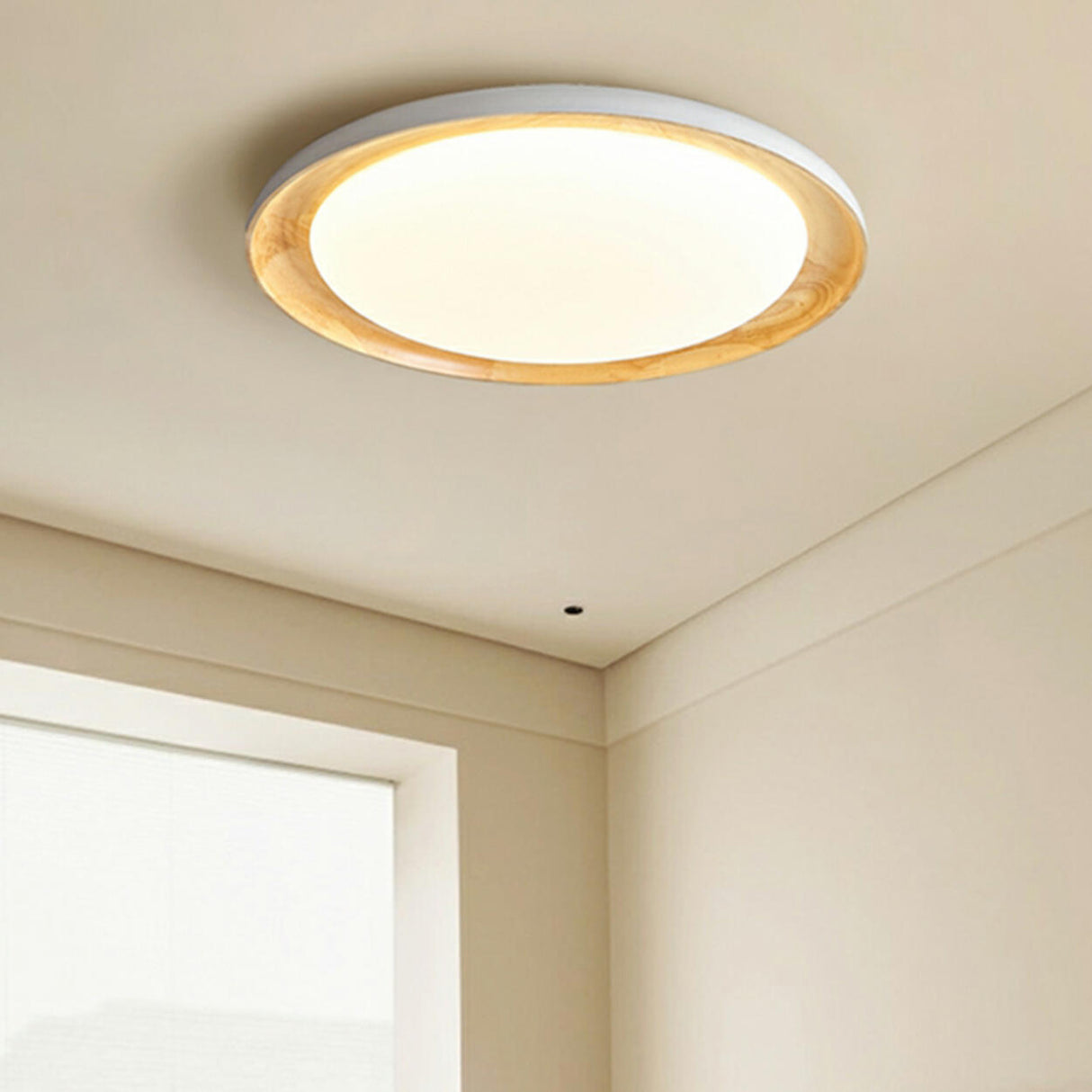 Bedroom Walnut Wood Circular Flush Mount Ceiling Light Image - 3