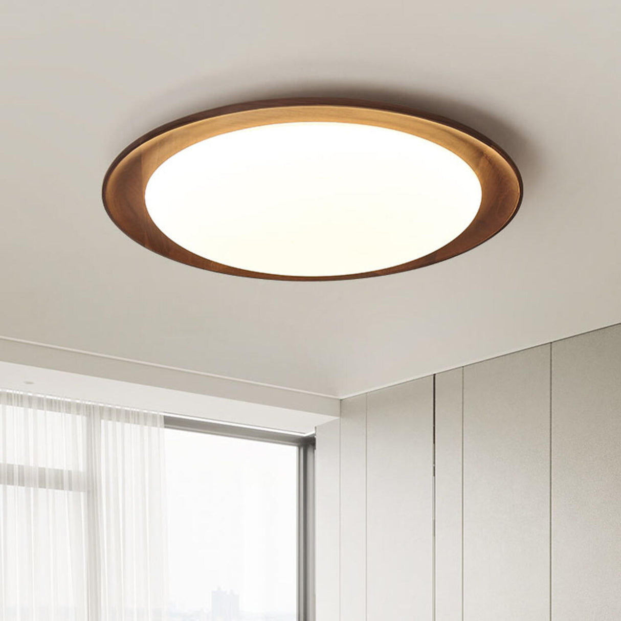 Bedroom Walnut Wood Circular LED Flush Mount Light Image - 1