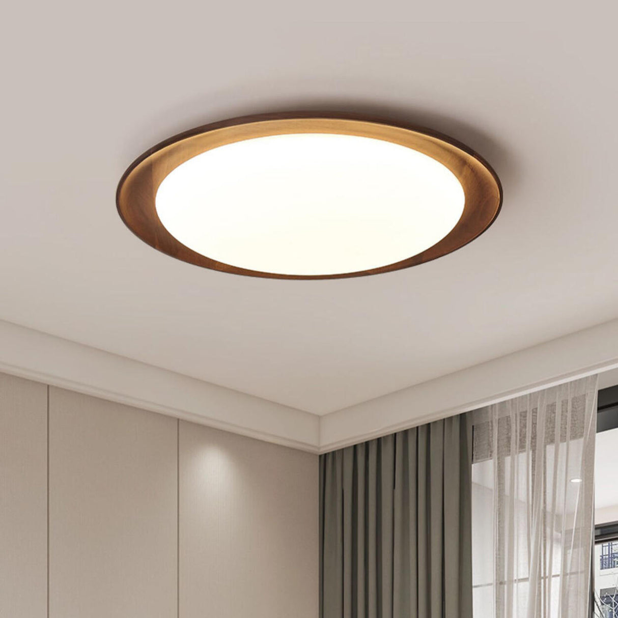 Bedroom Walnut Wood Circular LED Flush Mount Light Image - 4