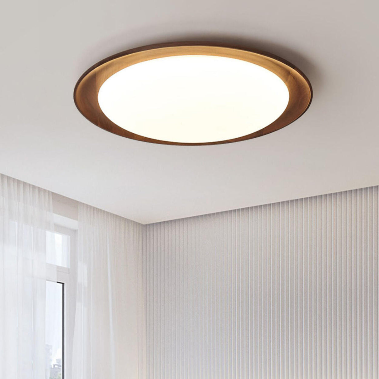 Bedroom Walnut Wood Circular LED Flush Mount Light Image - 6