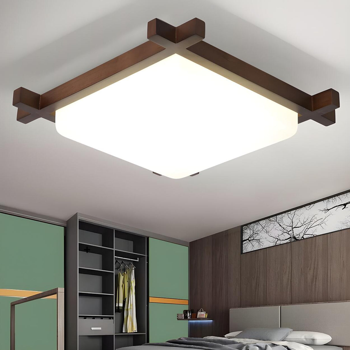 Bedroom Walnut Wood Square LED Flush Mount Ceiling Lamp Image - 11