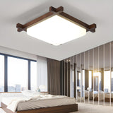 Bedroom Walnut Wood Square LED Flush Mount Ceiling Lamp Image - 2