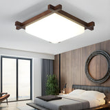 Bedroom Walnut Wood Square LED Flush Mount Ceiling Lamp Image - 3