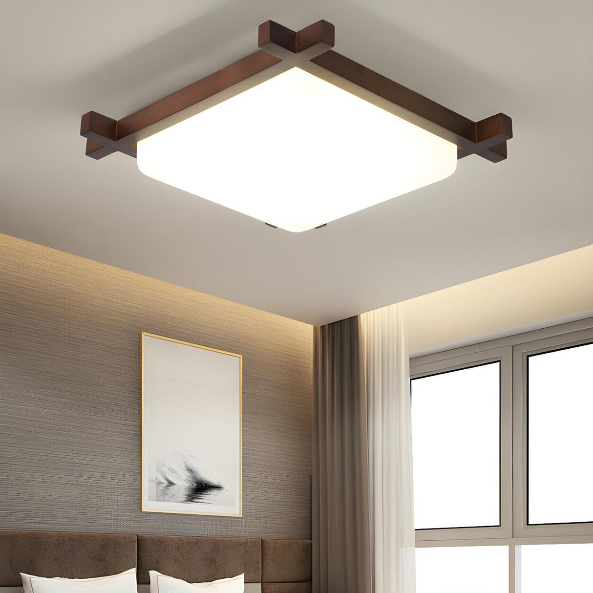 Bedroom Walnut Wood Square LED Flush Mount Ceiling Lamp Image - 4