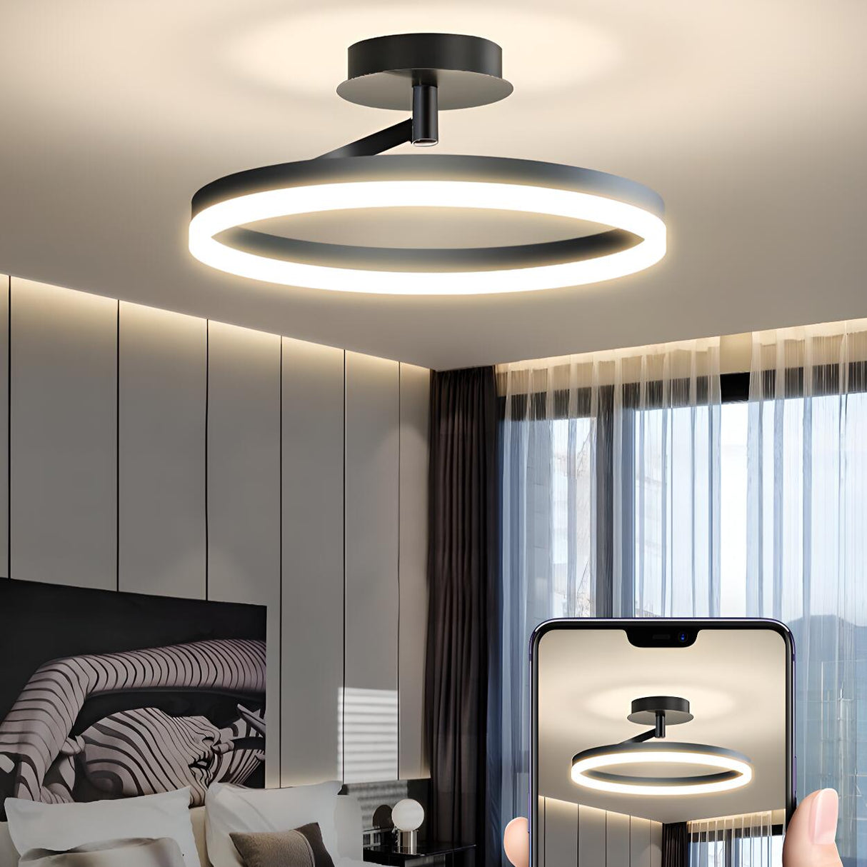 Bedroom White Circular Semi-Flush Mount Ceiling Light Image - 13