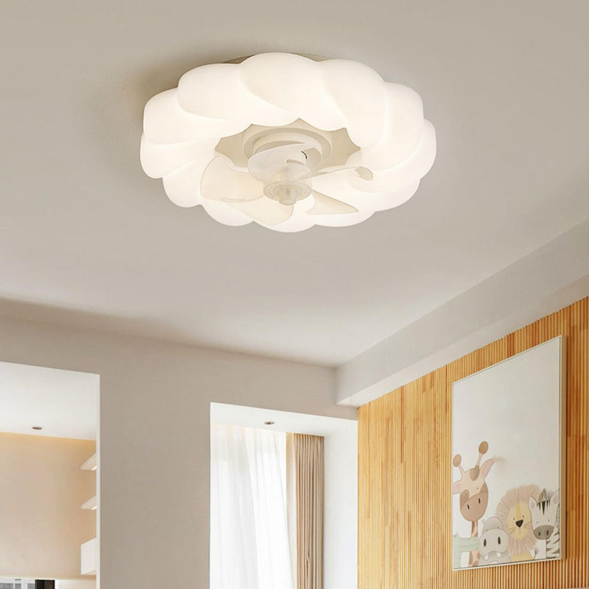 Bedroom White Cloud Flush Mount Ceiling Fan with Light Image - 15