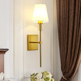 Bedroom White Fabric Cylinder Shade Gold Wall Sconce Image - 1