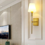 Bedroom White Fabric Cylinder Shade Gold Wall Sconce Image - 4