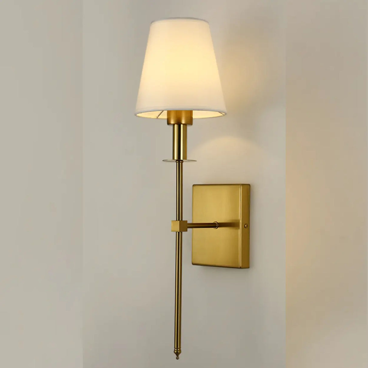 Bedroom White Fabric Cylinder Shade Gold Wall Sconce Image - 9