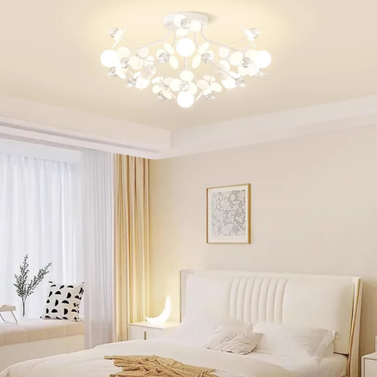 Bedroom White Floral Crystal Semi-Flush Mount Light Image - 5