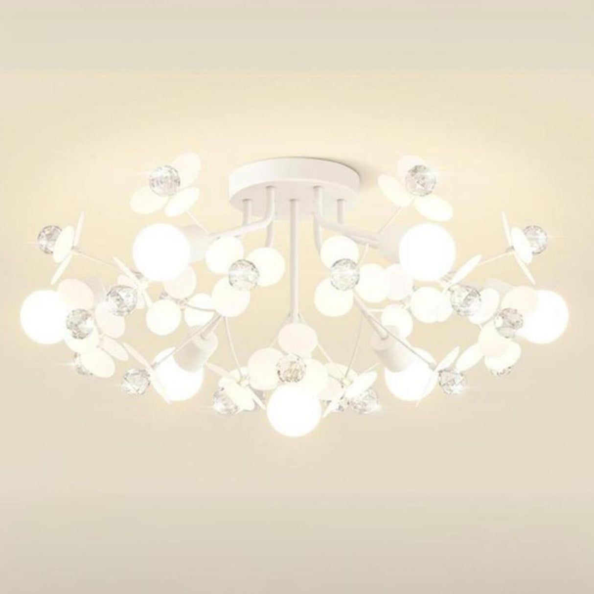 Bedroom White Floral Crystal Semi-Flush Mount Light Image - 8