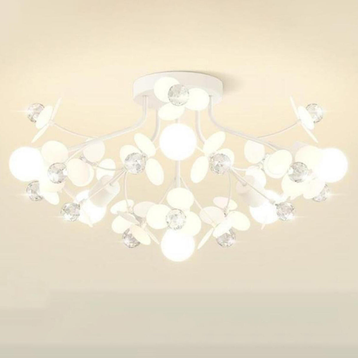 Bedroom White Floral Crystal Semi-Flush Mount Light Image - 9