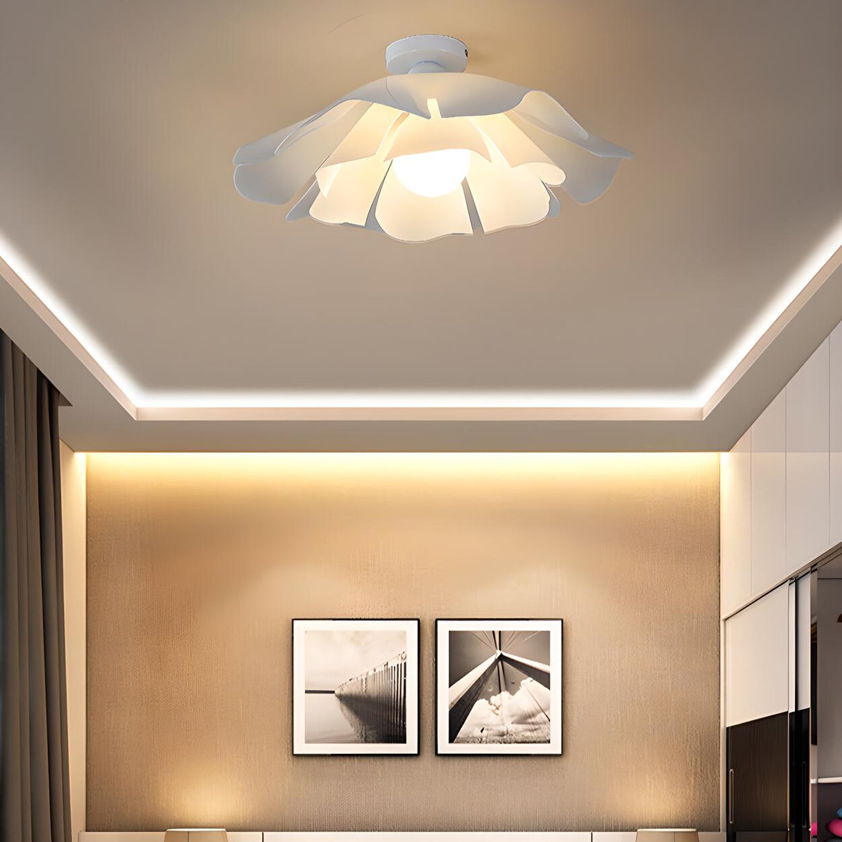 Bedroom White Floral Semi-Flush Mount Ceiling Light Image - 2