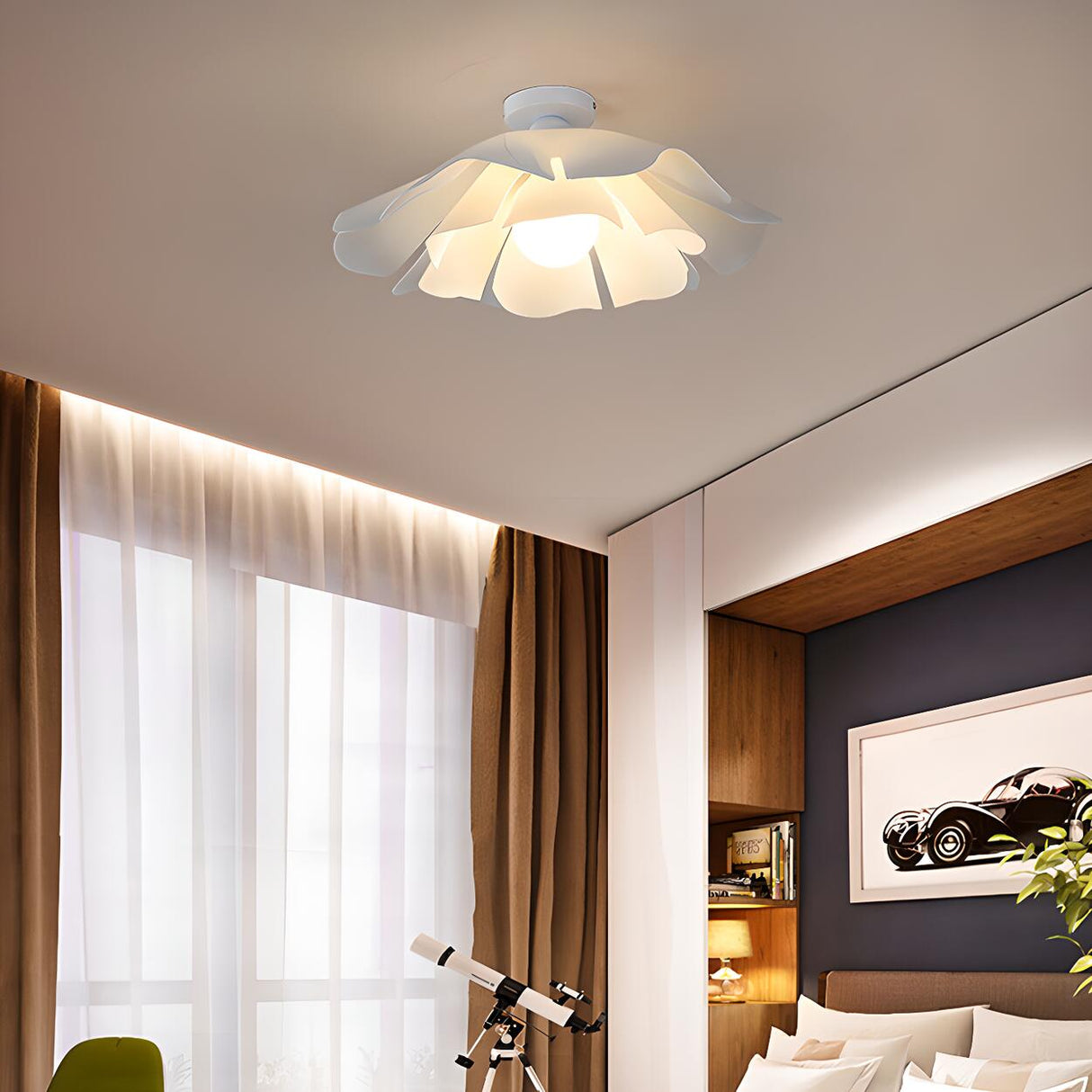 Bedroom White Floral Semi-Flush Mount Ceiling Light Image - 4