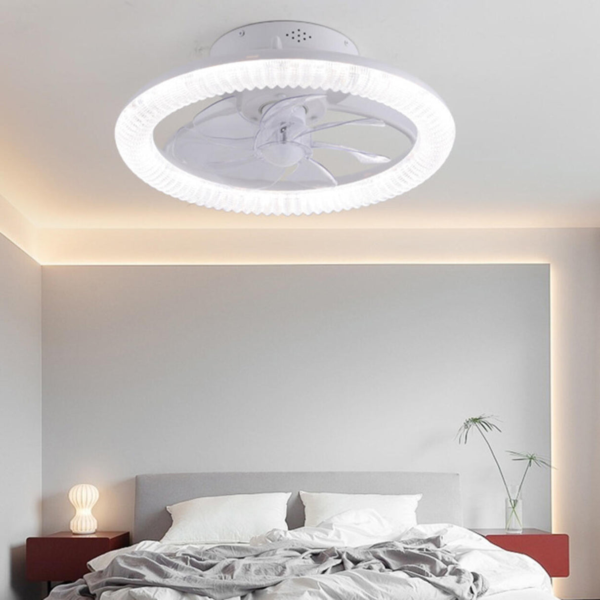 Bedroom White Remote Dimming Ring Ceiling Fan Light Image - 2