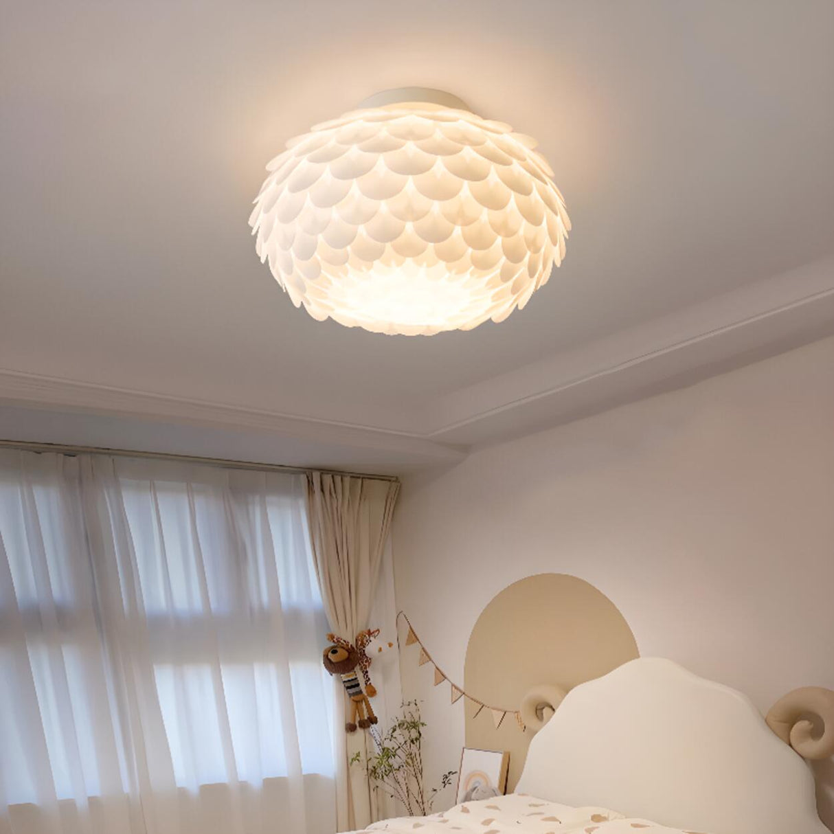 Bedroom White Scales Drum Flush Mount Ceiling Light Image - 2