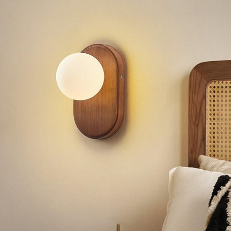 Bedroom Wood Base and White Globe LED Wall Sconce Image - 1