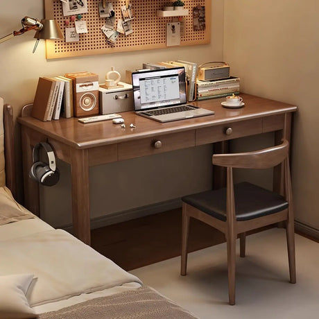 Bedroom Wood Brown Desk Set with Drawers and Peg Board Image - 2