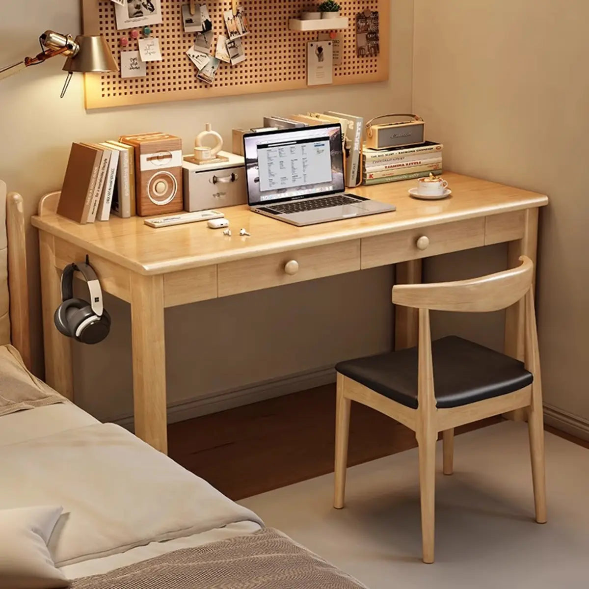 Bedroom Wood Brown Desk Set with Drawers and Peg Board Image - 3