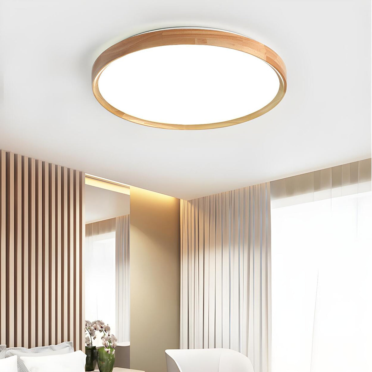 Bedroom Wood Brown Round LED Flush Mount Ceiling Light Image - 14