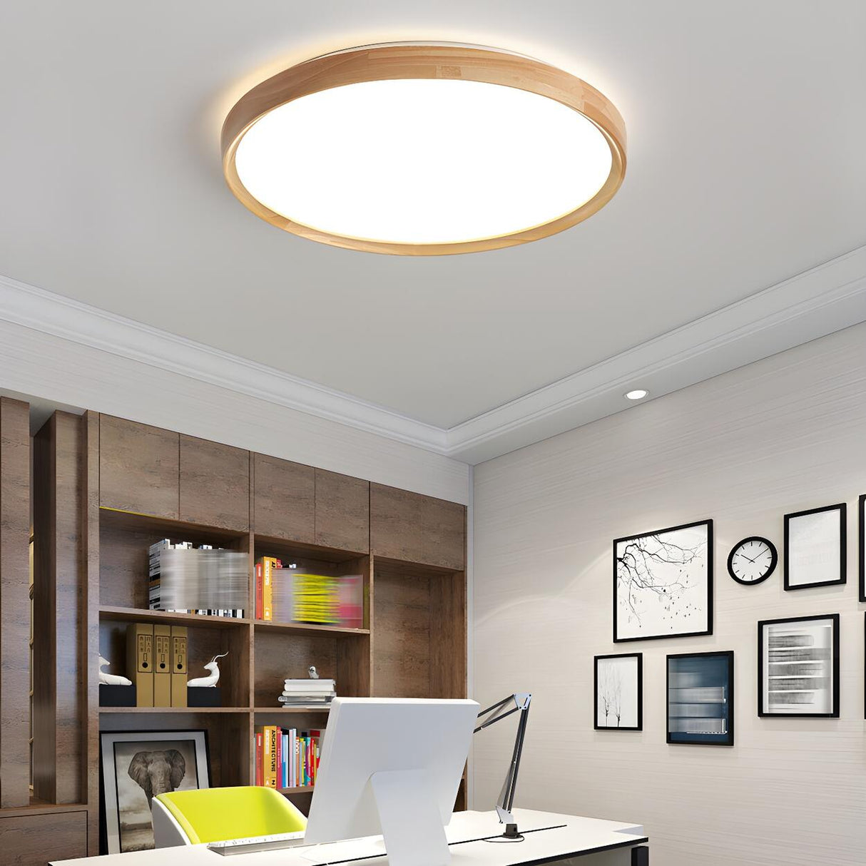 Bedroom Wood Brown Round LED Flush Mount Ceiling Light Image - 15