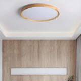 Bedroom Wood Brown Round LED Flush Mount Ceiling Light Image - 16