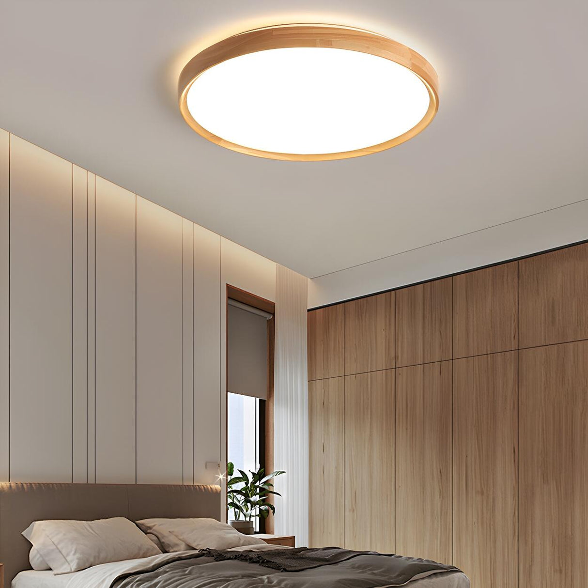 Bedroom Wood Brown Round LED Flush Mount Ceiling Light Image - 3